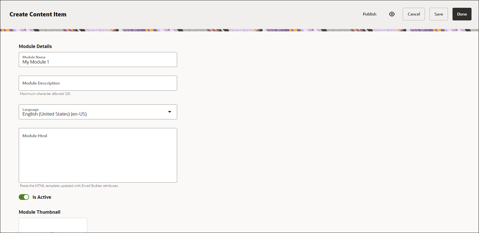 Create Content Item form for a template module.