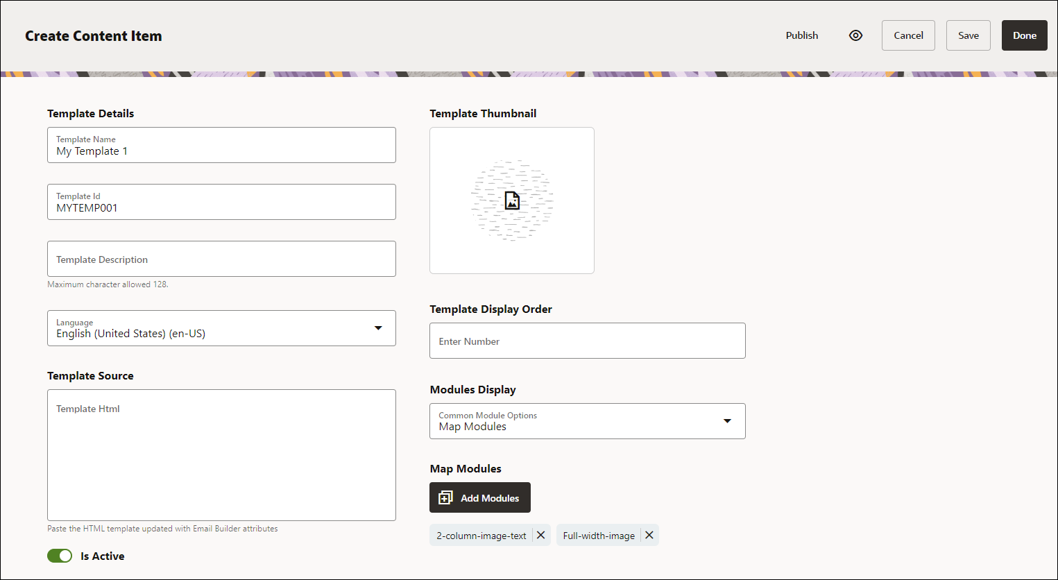 Create Content Item form for an email template.