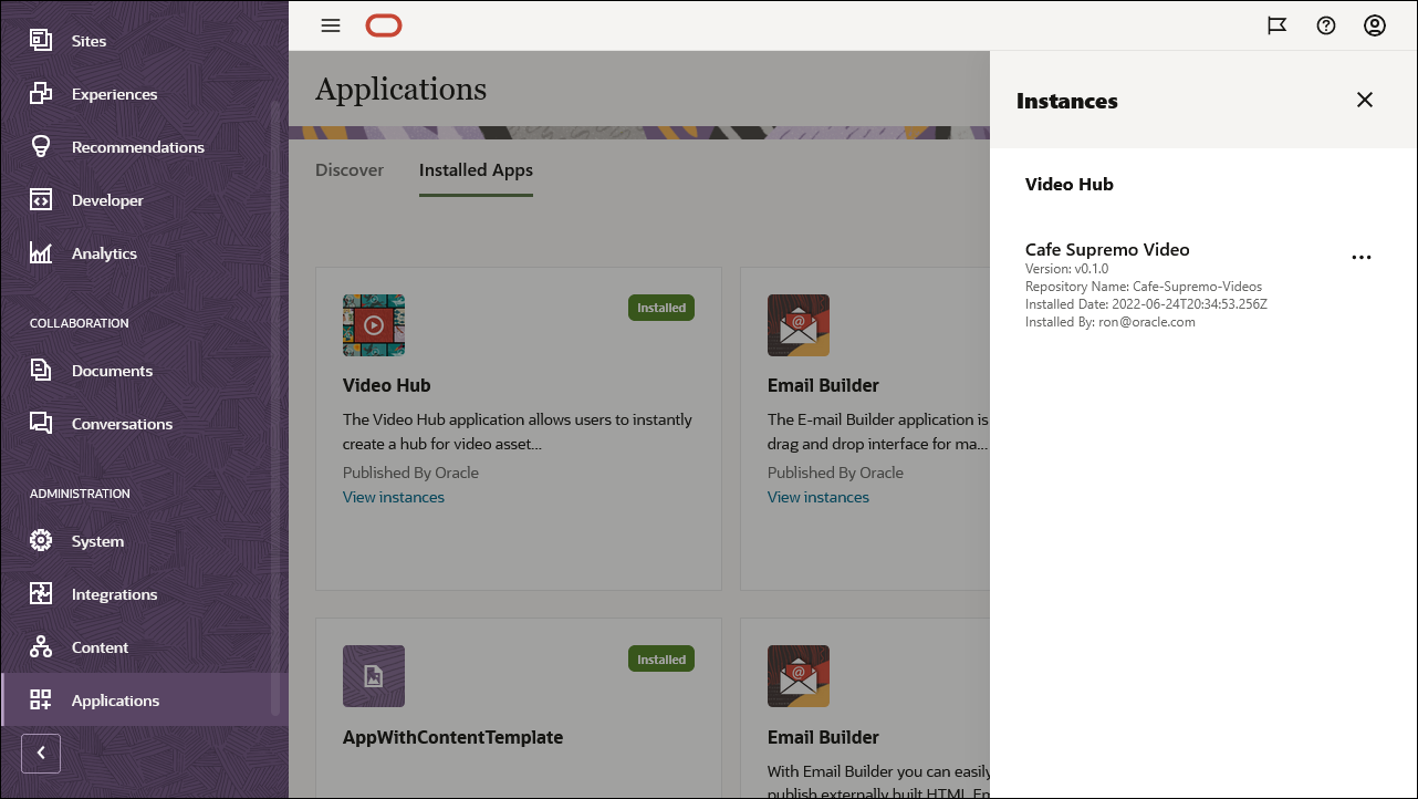 Applications page with installed Video Hub instances.