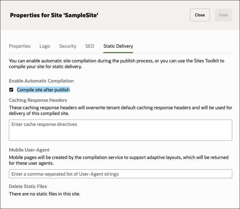 Properties for Site dialog, with the Compile site after publish option selected.