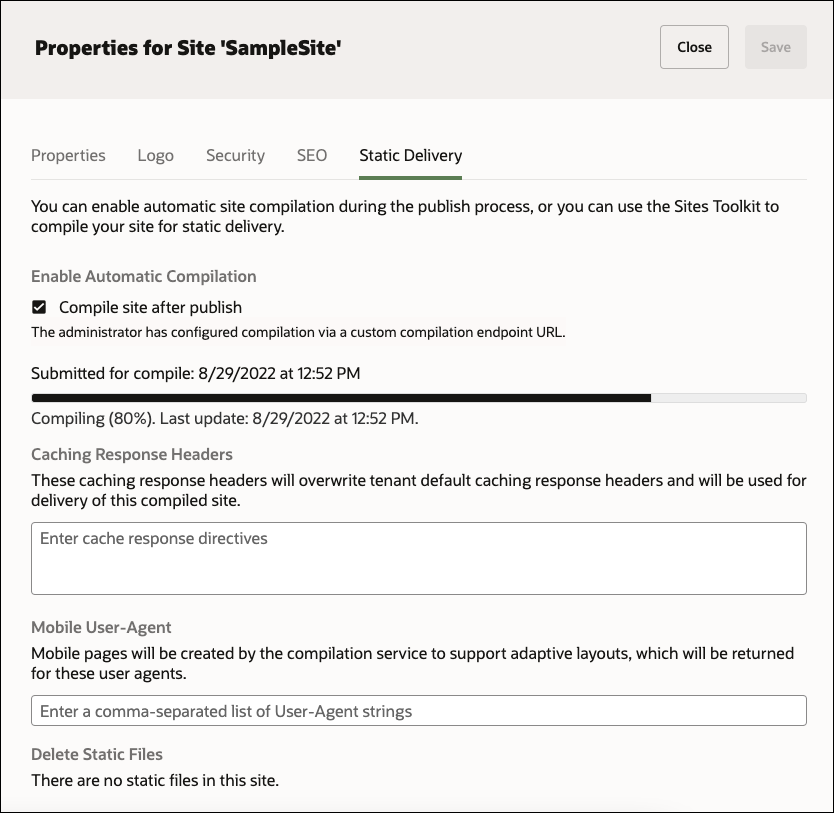 Properties for Site dialog, with the Static Delivery tab open and a progress bar.