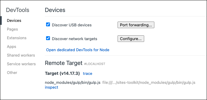 DevTools window with Remote Target section.