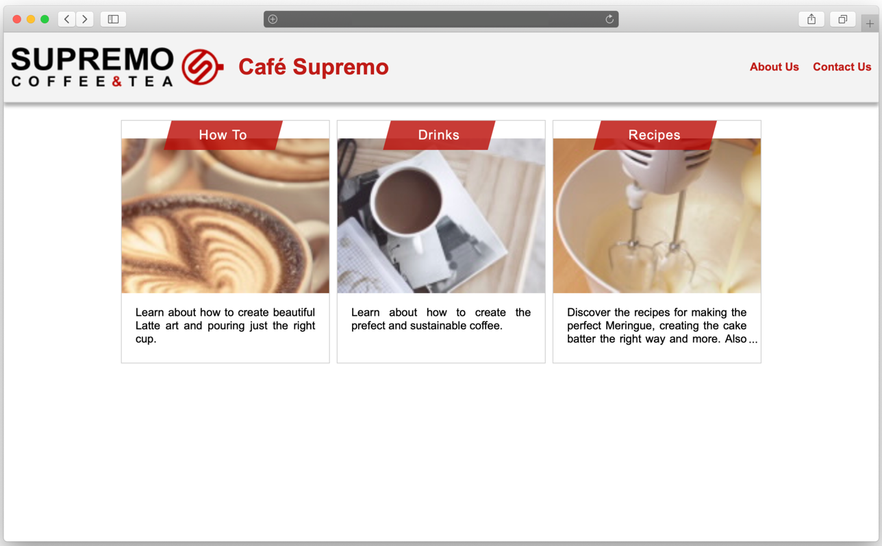 This image shows the home page for Cafe Supremo demo site with a list of the available topics.