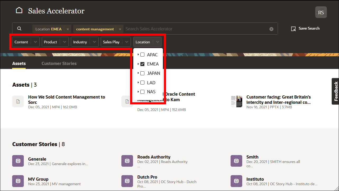 This image shows the Location filter dropdown menu, with ‘EMEA’ as the selected option, along with a list of items that match that filtering option.