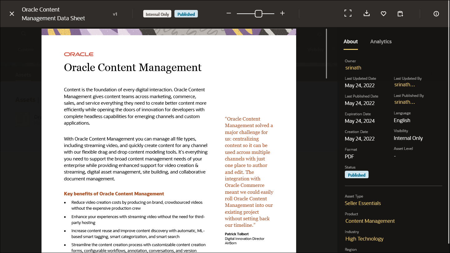 This image shows an asset in the viewer, with the About tab open in the side panel.