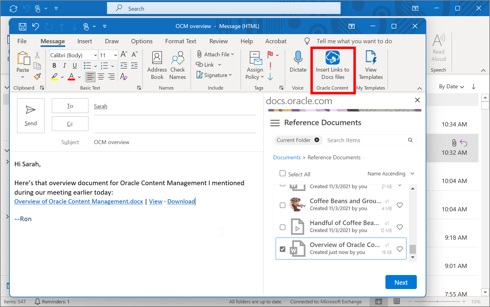 Add ocm content to outlook mail
