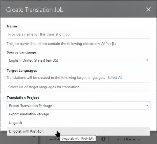 This image shows the Create Translation Job dialog with the Lingotek Post-Edit translation connector selected.