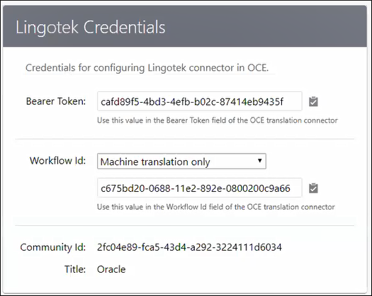 This image shows the Lingotek Credentials page with credentials to set up your Lingotek trial account.