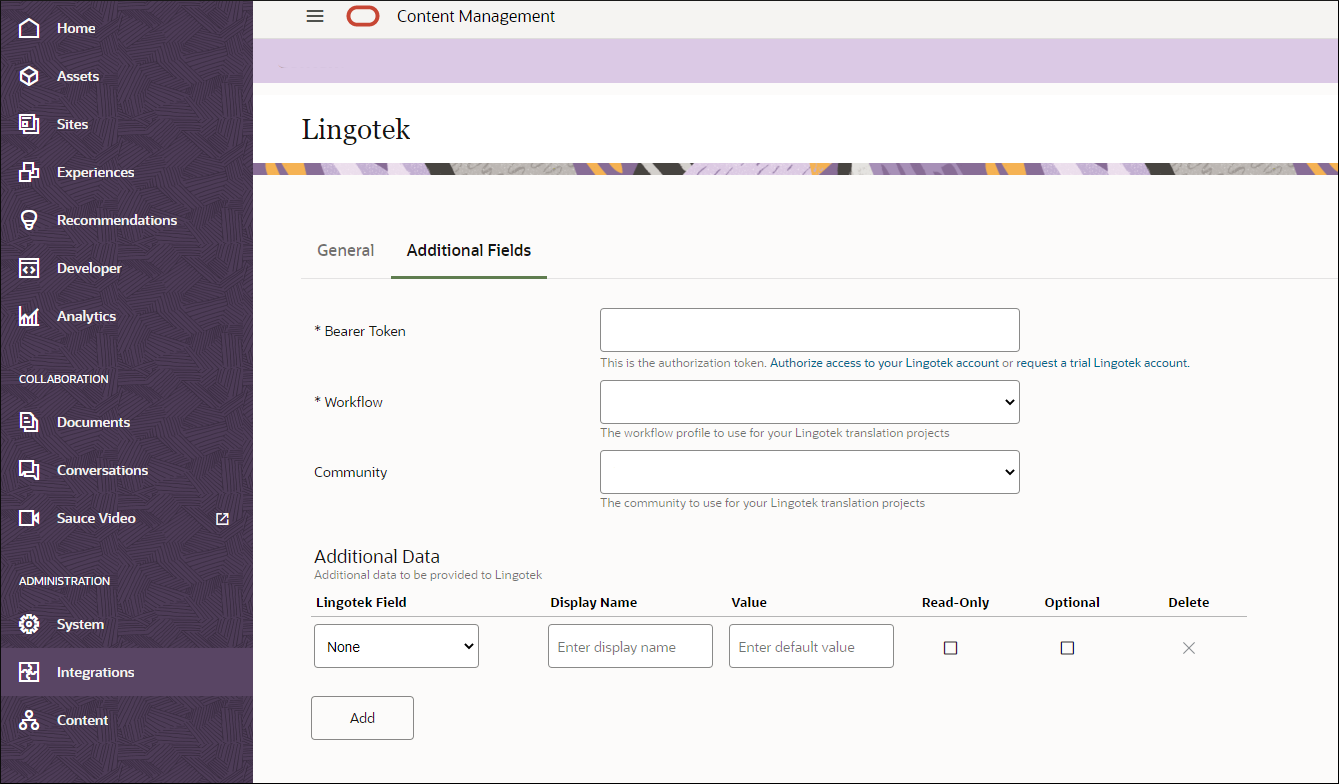 This image shows the additional fields for configuring a Lingotek translation connector.