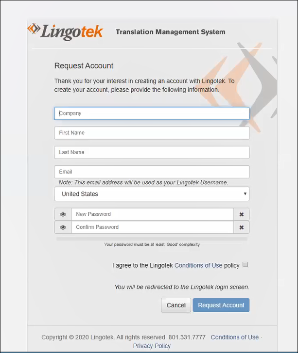 This image shows the Lingotek Request Account page.