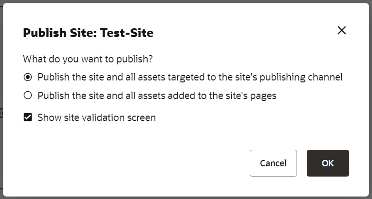 Publish Site dialog with validation screen checkbox, described in linked topic