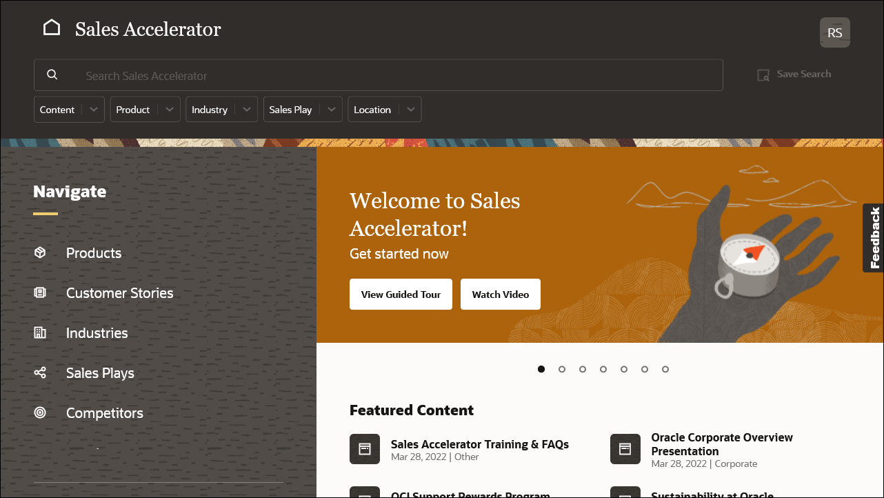 Sales Accelerator home page, described in linked topic