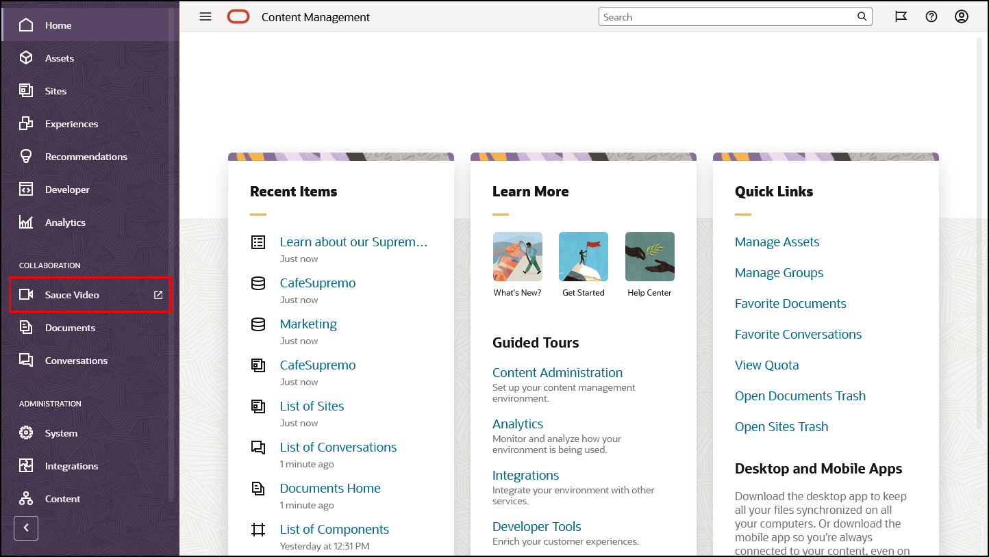 Sauce Video option in Oracle Content Management navigation, described in linked topic