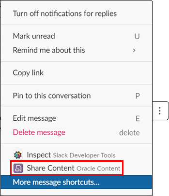 Share Content option on Slack context menu