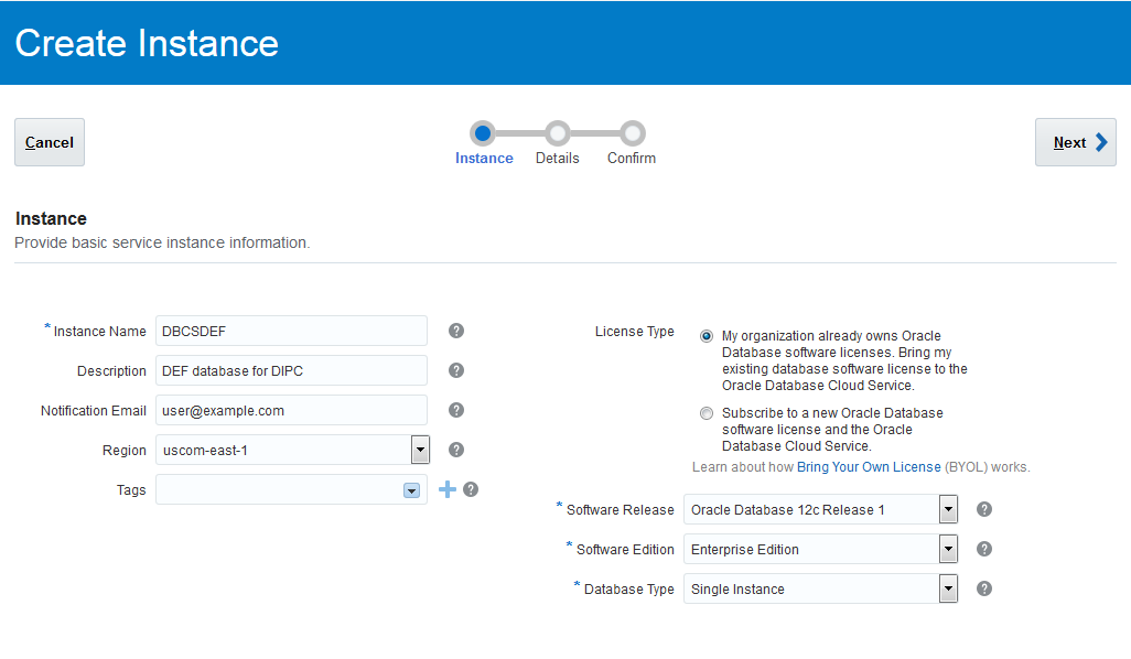 Create Instance Wizard - Instance page