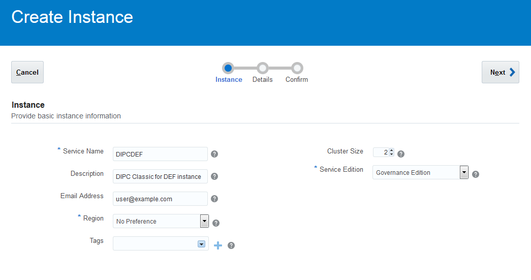 Create New Instance wizard - Instance page