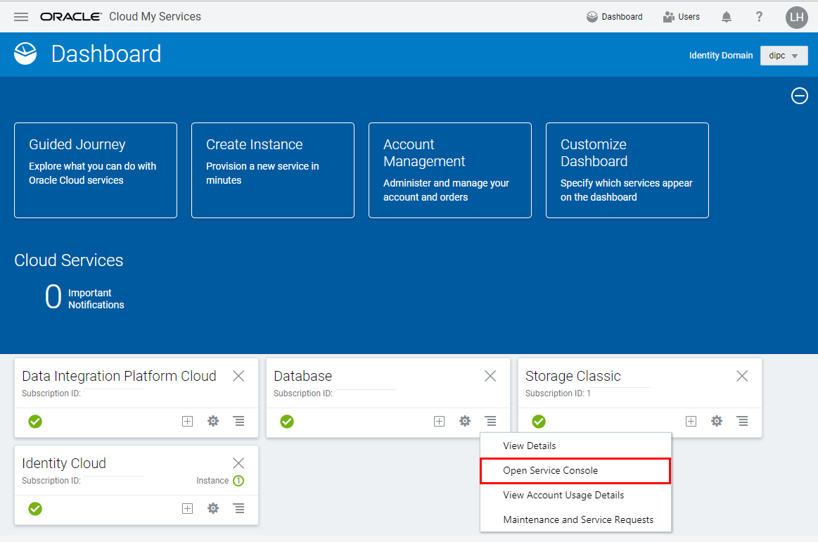 My Services Dashboard - Database Action menu - Open Service Console