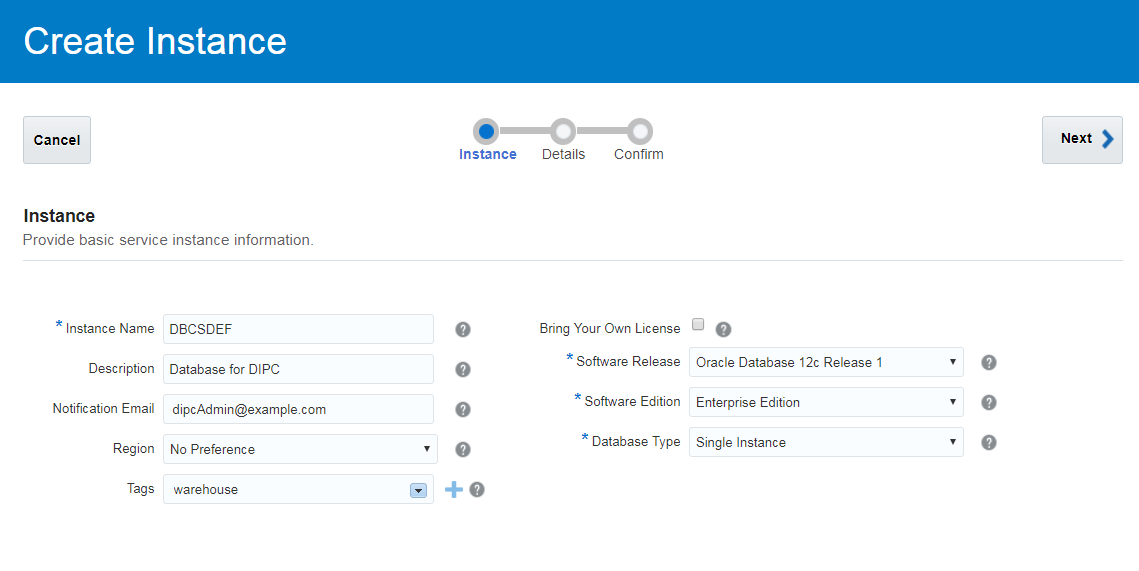 Create Instance Wizard - Instance page