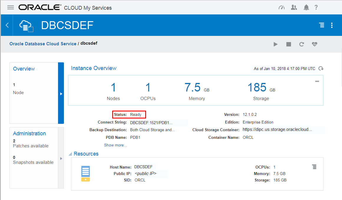 DBCSDEF service instance details - Status Ready
