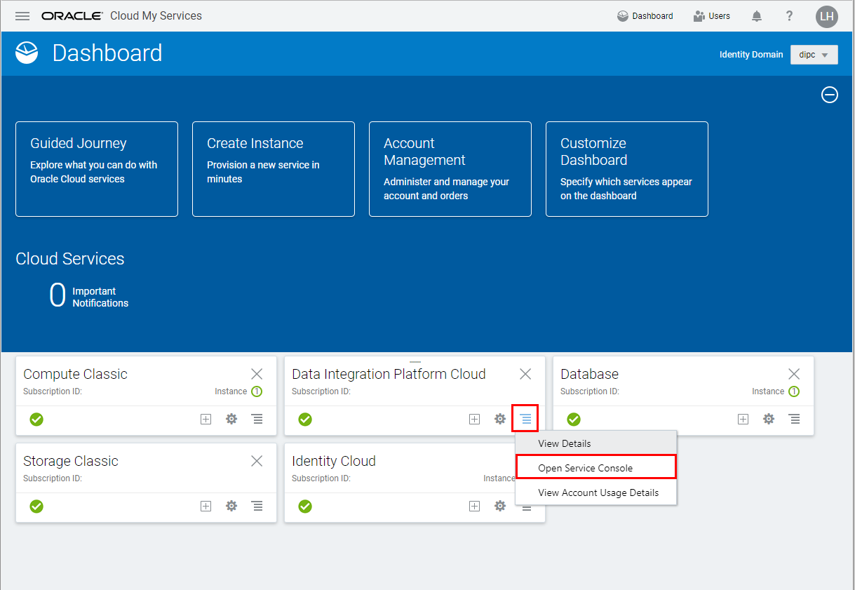 DIPC Actions menu - Open Service Console