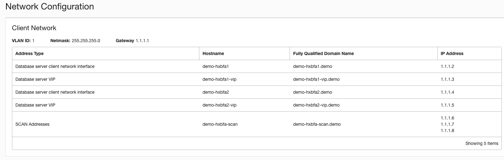 Screenshot of the Oracle Exadata Database Service on Cloud@Customer network configuration for the VM cluster in OCI