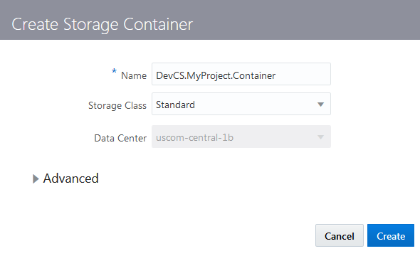 Create Storage Container dialog box