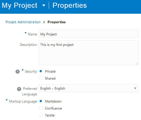 Project Properties page