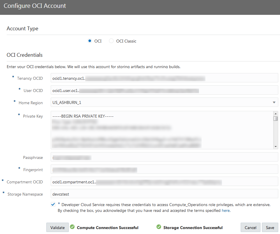OCI Account tab filled with OCI credentials and other details