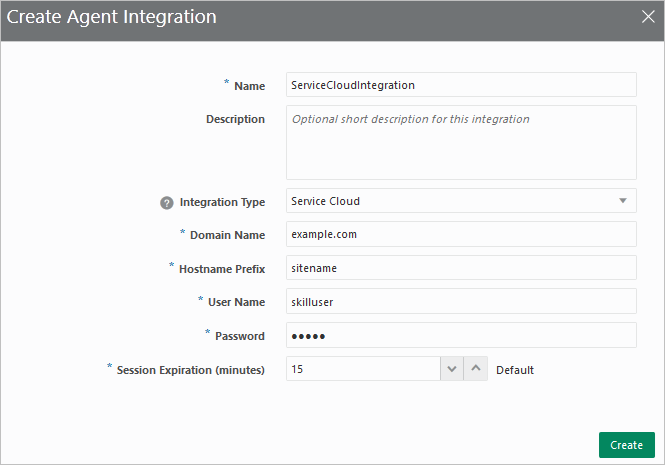 Agent-integration dialog box with the values described above.