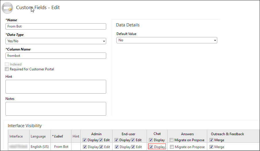 Screenshot of the Custom Fields Edit page with the Interface Visibility Chat Display option selected.