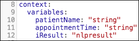variables property with patientName, appointmentTime, and iResult at the same indentation