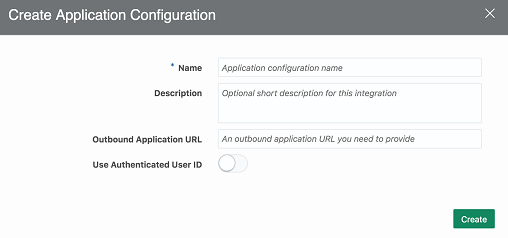 Screenshot of the application configuration dialog box with name, description, outbound application URL, and use authenticated user id fields.