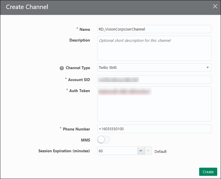 Screenshot of the Create Channel dialog box with the fields described in this step.