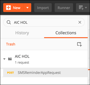 Screenshot of the Collections tab with AIC HOL expanded and POST SMSReminderAppRequest selected.