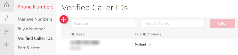 Screenshot of Verify Caller IDs page with a + button, number field, and friendly name field.