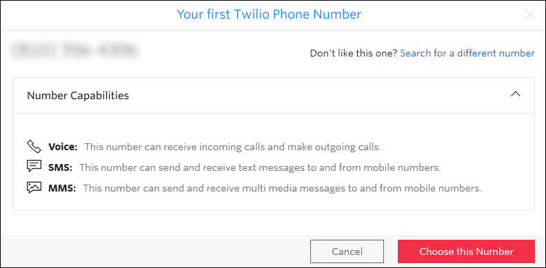 Screenshot with phone number, whether SMS enabled, search for a different number link, and choose this number button.