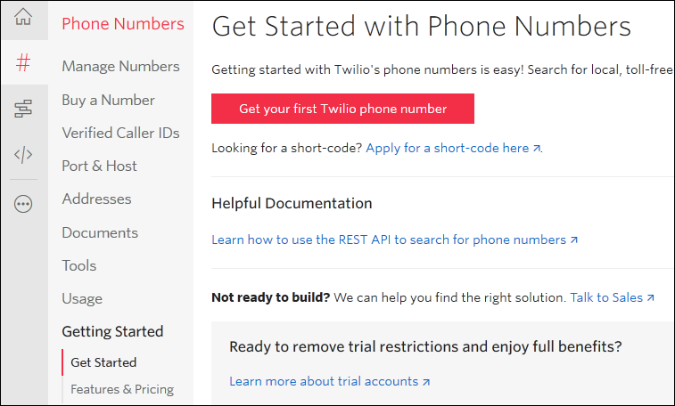 Screenshot of Get Started with Phone Numbers page with Get your first Twilio phone number button.