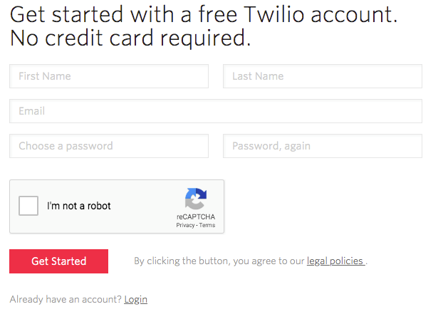 Screenshot of Twilio Get started with a free twilio account page.