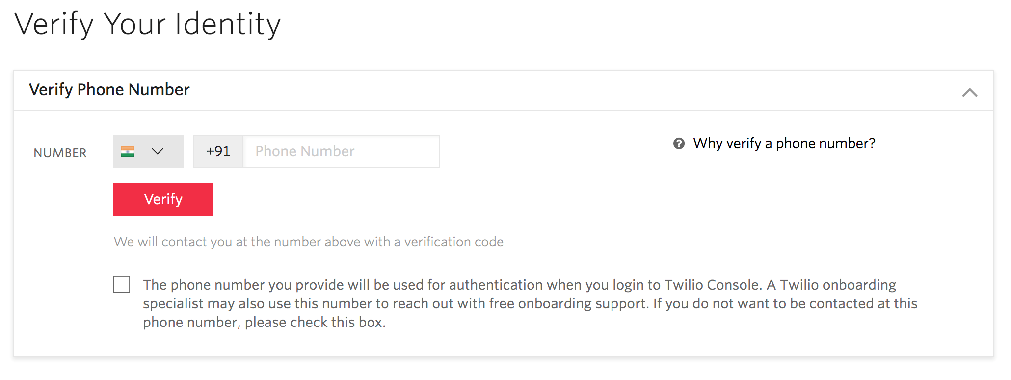 Screenshot of Twilio Verify Phone Number page.