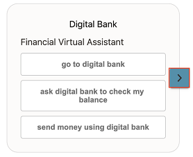 A screenshot of a chat window showing a conversation starting with 'What can you do for me?' and continuing with a welcome message and a menu of options provided by the Digital Bank.