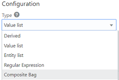 Screenshot showing the Configuration section of the page for the PizzaBag entity. The Type dropdown menu is opened, showing options for Derived, Value List, Entity List, Regular Expression, and Composite Bag.