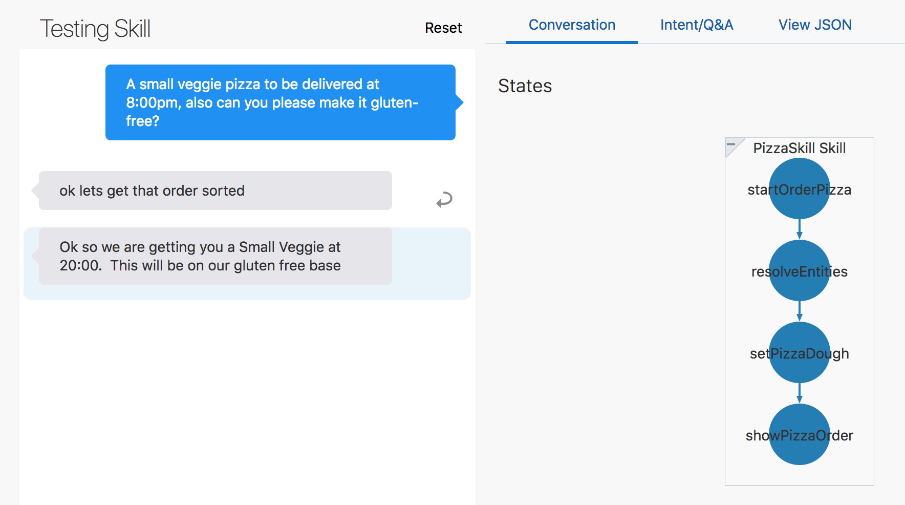 Screenshot of the skill tester. On the left side, there is a conversation between the user and the skill. The response to the user is 'ok let's get that order sorted' and 'Ok, so we're getting you a Small Veggie at 20:00. This will be on our gluten free base.' 