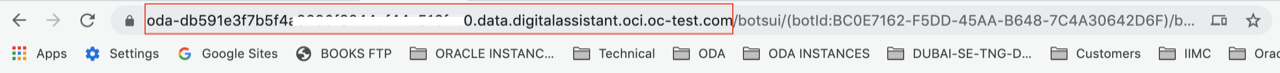 Screenshot of a browser address bar, showing a URL that begins with oda- and ends with data.digitalassistant.oci.oc-test.com