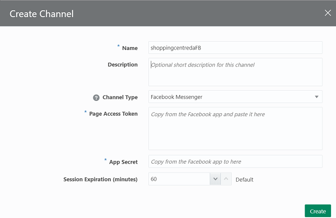 Screenshot of the Create Channel dialog. It's Name field is filled in. The Channel Type field is set to Facebook Messenger.