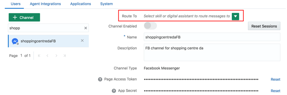 Screenshot of the Channels page with the Route To dropdown highlighted.