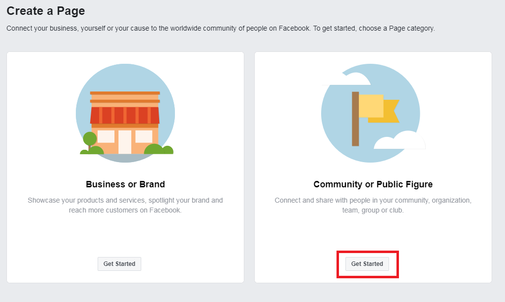 Screenshot of two panels. The left is entitled Business or Brand. The right is entitled Community or Public Figure. Both have Get Started buttons.