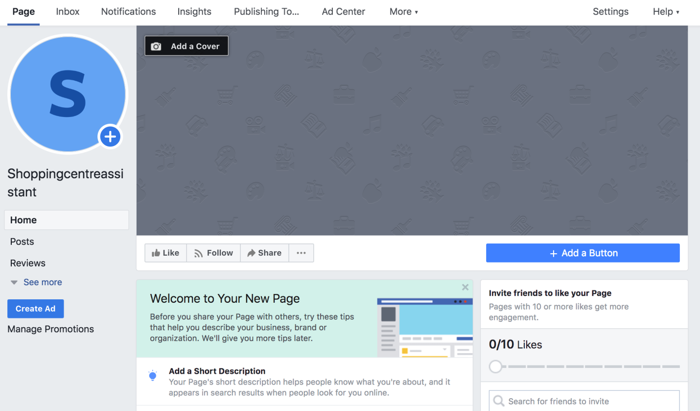 Screenshot of the created Facebook page. In the left navigation, there are items for Home, Posts, Reviews, Create Ad, and Manage Promotions. To the right of that is an empty panel with a button for 'Add a Cover'. Below that are panels with tips for further developing the page.
