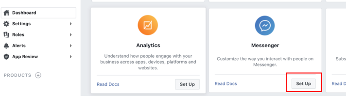 Screenshot of part of the Dashboard page for the Facebook app. It shows tiles for Analytics,  Messenger, and third partially obscured tile. The Set Up button in the Messenger tile is highlighted.
