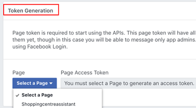 Screenshot of part of the Dashboard page for the Facebook app. It shows the Token Generation section, as well as the Select a Page dropdown menu.