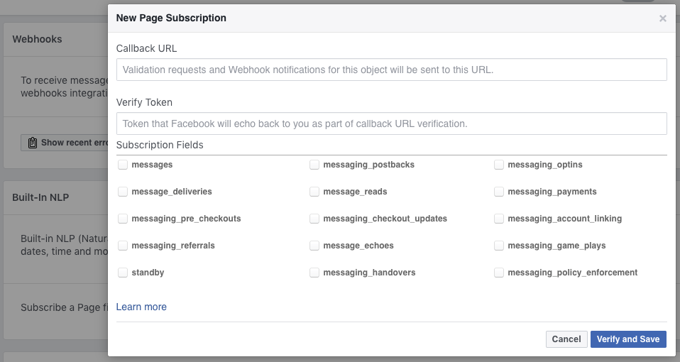 Screenshot of the New Page Subscription dialog. It includes fields for Callback URL and Verify Token as well as a Subscription Fields section. The Subscription Fields sections contains 15 radio buttons, including ones for messages and messaging_postbacks.